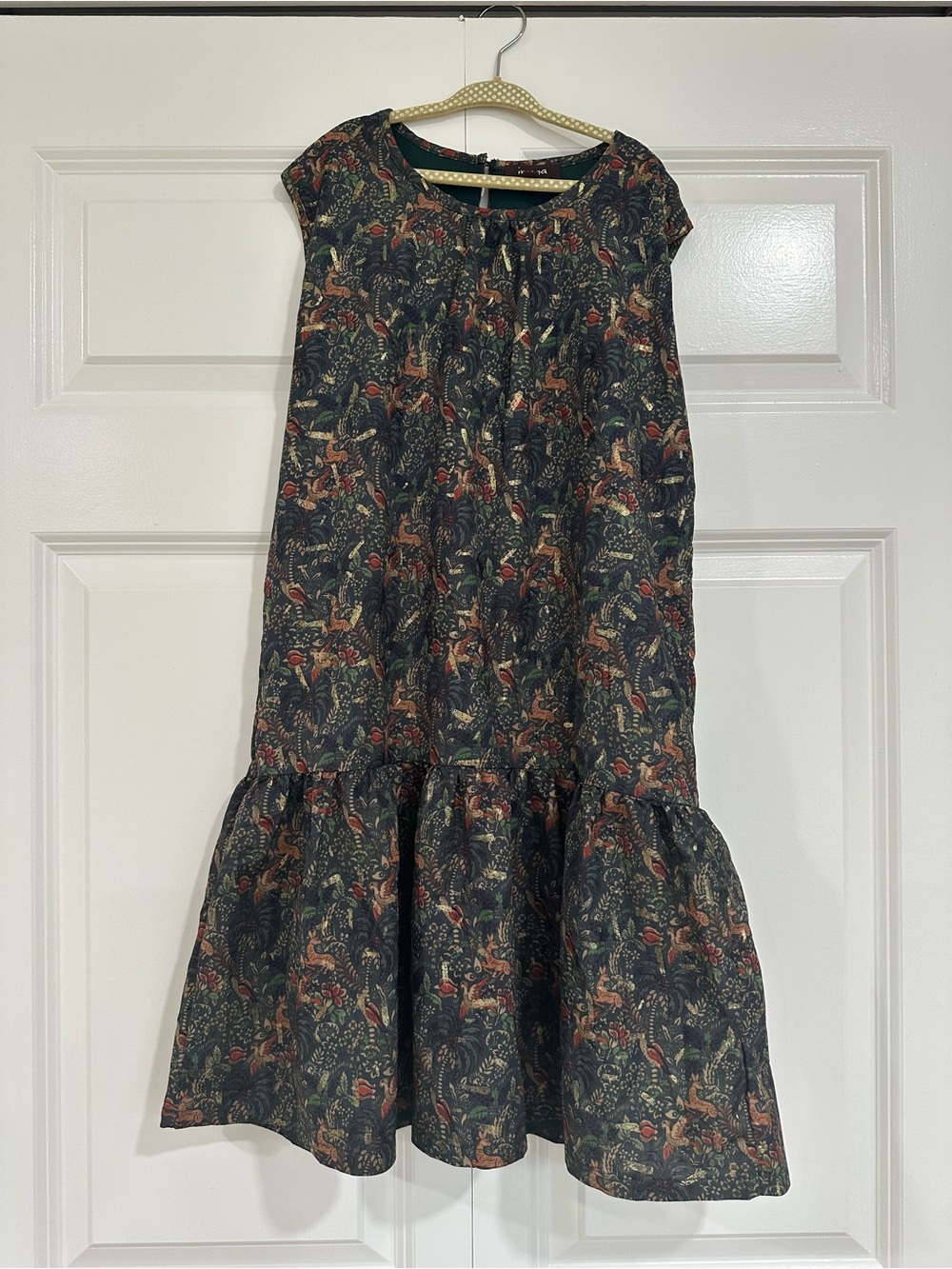 Imoga Dark Green Floral Cap-Sleeve Midi Dress